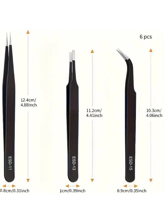 6 قطع ملقط ستانلس ستيل مضاد للكهرباء الساكنة محمول ودقيق باللون الأسود - Image 3
