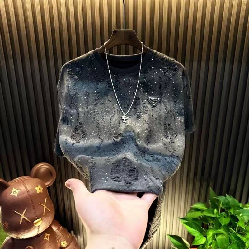 New Short-Sleeve Men'S Starry Sky Light Luxury Round Neck Top Trendy Versatile Ripped Sequin T-Shirt Men'S Long-Sleeve T-Shirt - Image 1