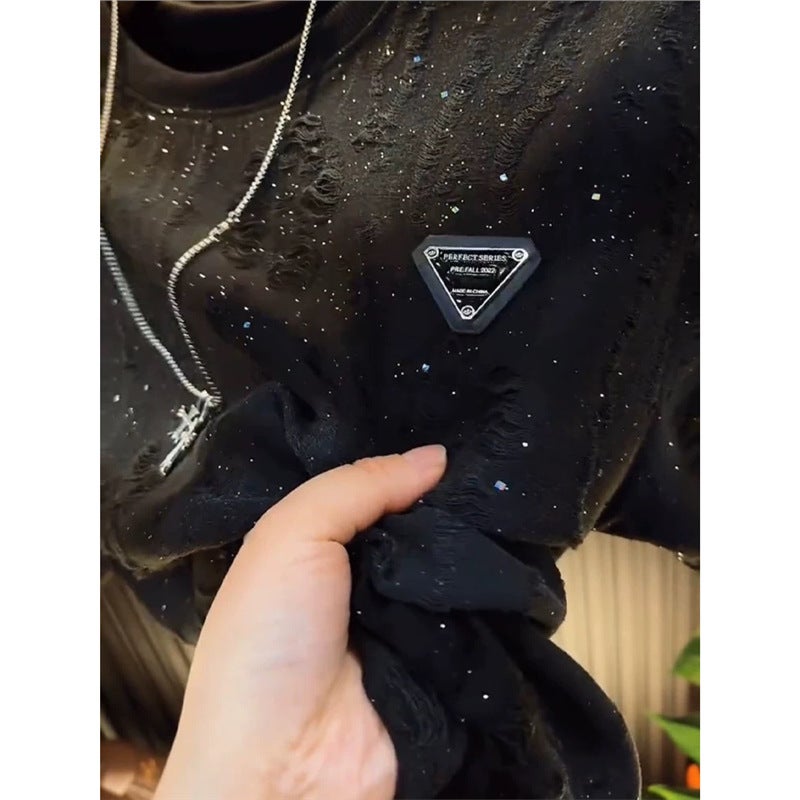 New Short-Sleeve Men'S Starry Sky Light Luxury Round Neck Top Trendy Versatile Ripped Sequin T-Shirt Men'S Long-Sleeve T-Shirt - Image 5