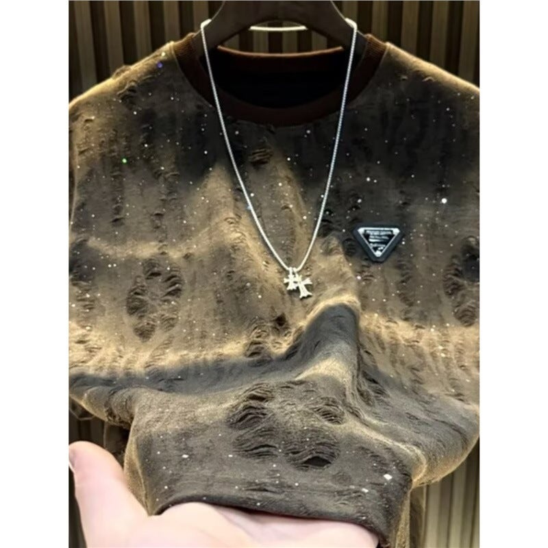 New Short-Sleeve Men'S Starry Sky Light Luxury Round Neck Top Trendy Versatile Ripped Sequin T-Shirt Men'S Long-Sleeve T-Shirt - Image 4