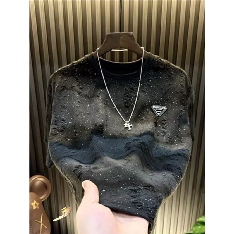 New Short-Sleeve Men'S Starry Sky Light Luxury Round Neck Top Trendy Versatile Ripped Sequin T-Shirt Men'S Long-Sleeve T-Shirt - Image 3