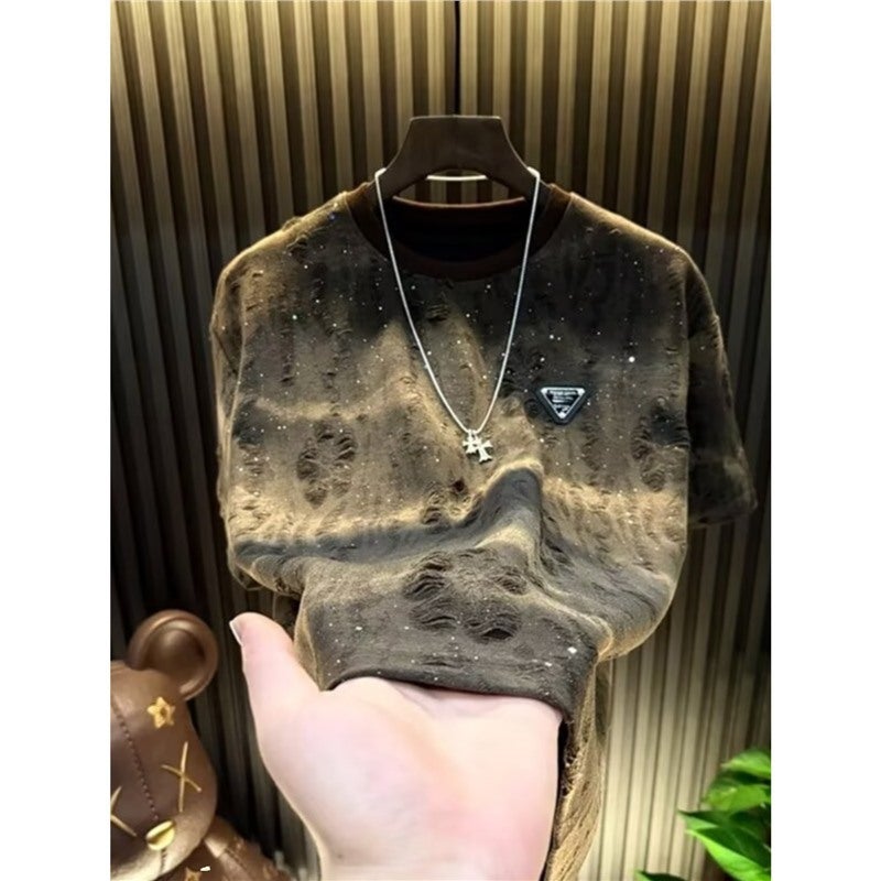 New Short-Sleeve Men'S Starry Sky Light Luxury Round Neck Top Trendy Versatile Ripped Sequin T-Shirt Men'S Long-Sleeve T-Shirt - Image 2