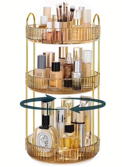 Rotating Makeup Organizer with Makeup Brush Holder, Save 80% of Vanity Space with Luxury Cosmetic Organizer 3 Tier, 360° Spinning Lazy Susan Skincare Organizer Makeup Stand, Gold 47x23x23cm