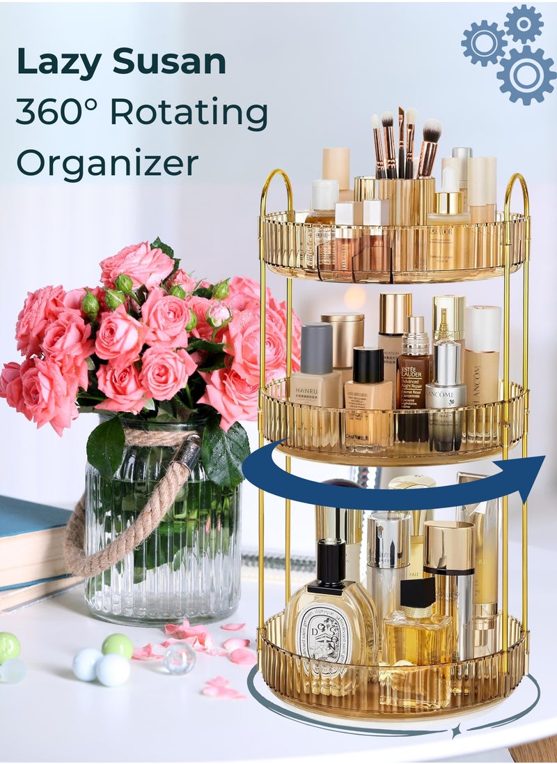 Sortify - Rotating Makeup Organizer with Makeup Brush Holder, Save 80% of Vanity Space with Luxury Cosmetic Organizer 3 Tier, 360° Spinning Lazy Susan Skincare Organizer Makeup Stand, Gold 47x23x23cm - Image 1