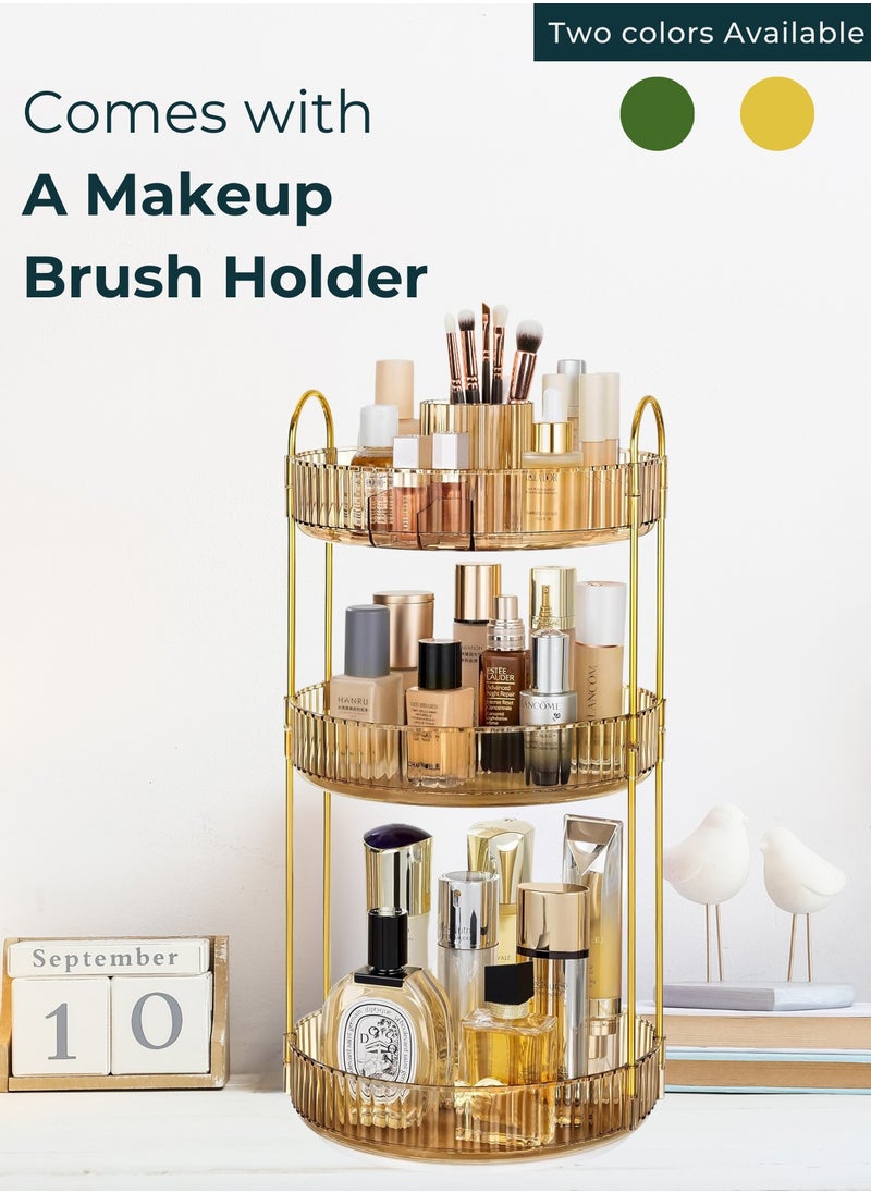 Sortify - Rotating Makeup Organizer with Makeup Brush Holder, Save 80% of Vanity Space with Luxury Cosmetic Organizer 3 Tier, 360° Spinning Lazy Susan Skincare Organizer Makeup Stand, Gold 47x23x23cm - Image 1