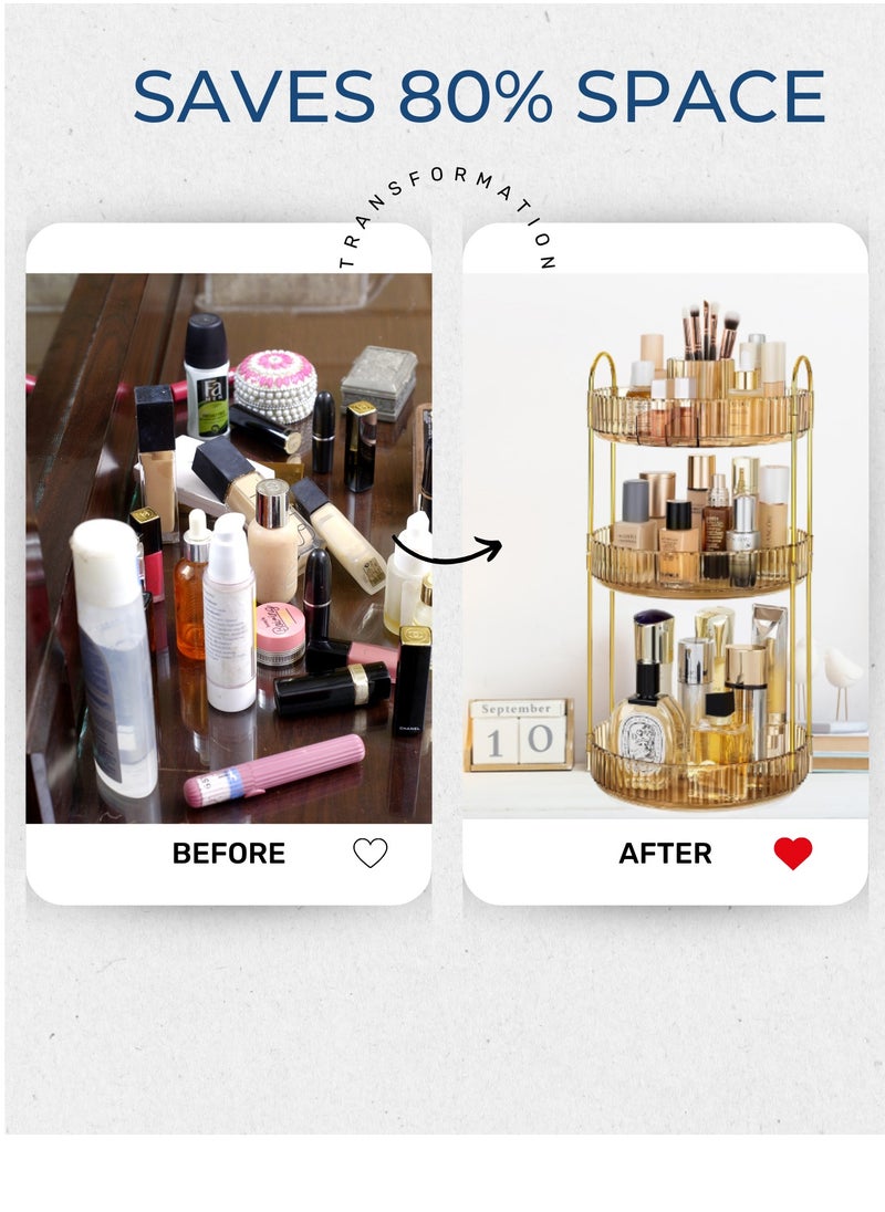 Sortify - Rotating Makeup Organizer with Makeup Brush Holder, Save 80% of Vanity Space with Luxury Cosmetic Organizer 3 Tier, 360° Spinning Lazy Susan Skincare Organizer Makeup Stand, Gold 47x23x23cm - Image 1