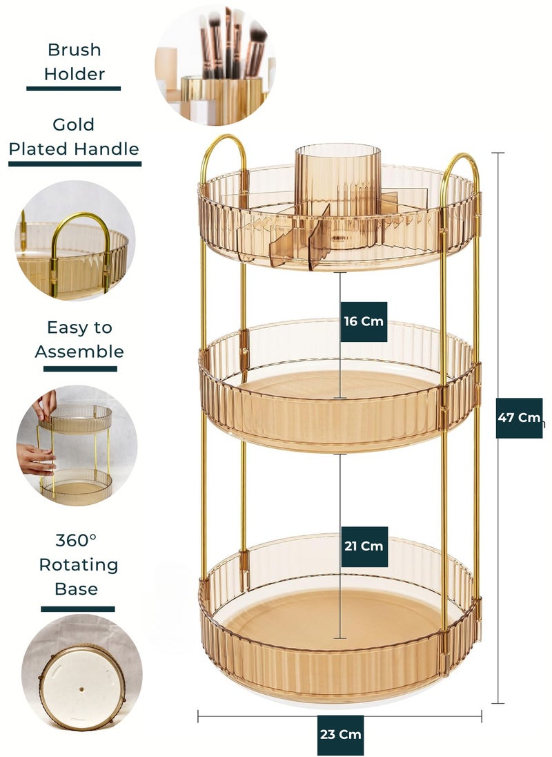 Sortify - Rotating Makeup Organizer with Makeup Brush Holder, Save 80% of Vanity Space with Luxury Cosmetic Organizer 3 Tier, 360° Spinning Lazy Susan Skincare Organizer Makeup Stand, Gold 47x23x23cm - Image 1