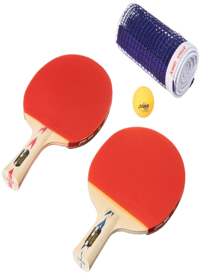 دي إتش أس مضرب تنس خشبي DHS طراز S-S4F2 مع كرة تنس 40 مم، نجمتان، برتقالي (علبة 90 قطعة) (أسود/أزرق) TT NET409 - Image 1