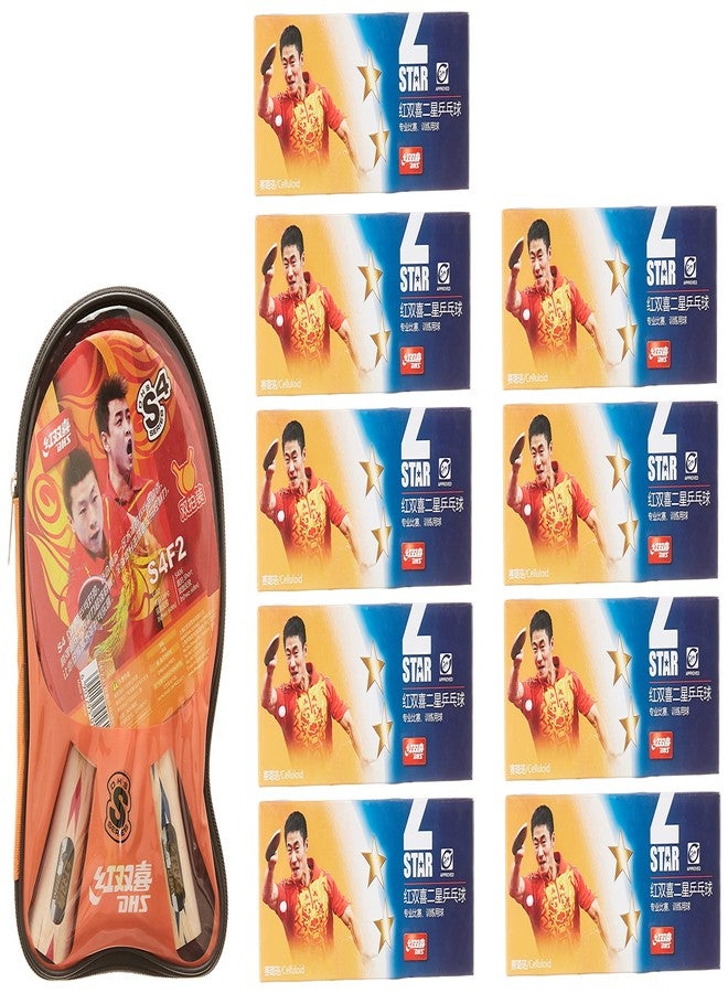 دي إتش أس مضرب تنس خشبي DHS طراز S-S4F2 مع كرة تنس 40 مم، نجمتان، برتقالي (علبة 90 قطعة) (أسود/أزرق) TT NET409 - Image 3