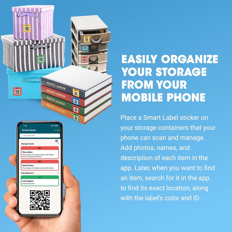 Smart Labels SmartLabels | Small QR Code Stickers | Mini 1.5 x 1.5 inch QR Code Labels | Made in The USA | Multicolor Pack for Easy Inventory Management, Organization, and Packing Labels for Moving (Pack of 48) - Image 4