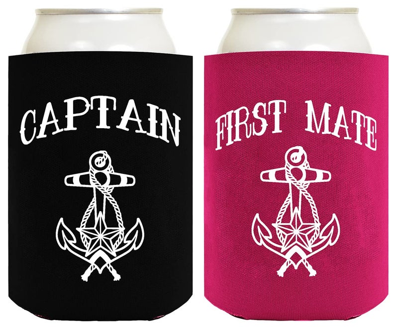 ThisWear Captain First Mate Gifts For Couples Captain And First Mate Nautical Sailing 2 Pack Standard Size Can Coolers Black Magenta - Image 1