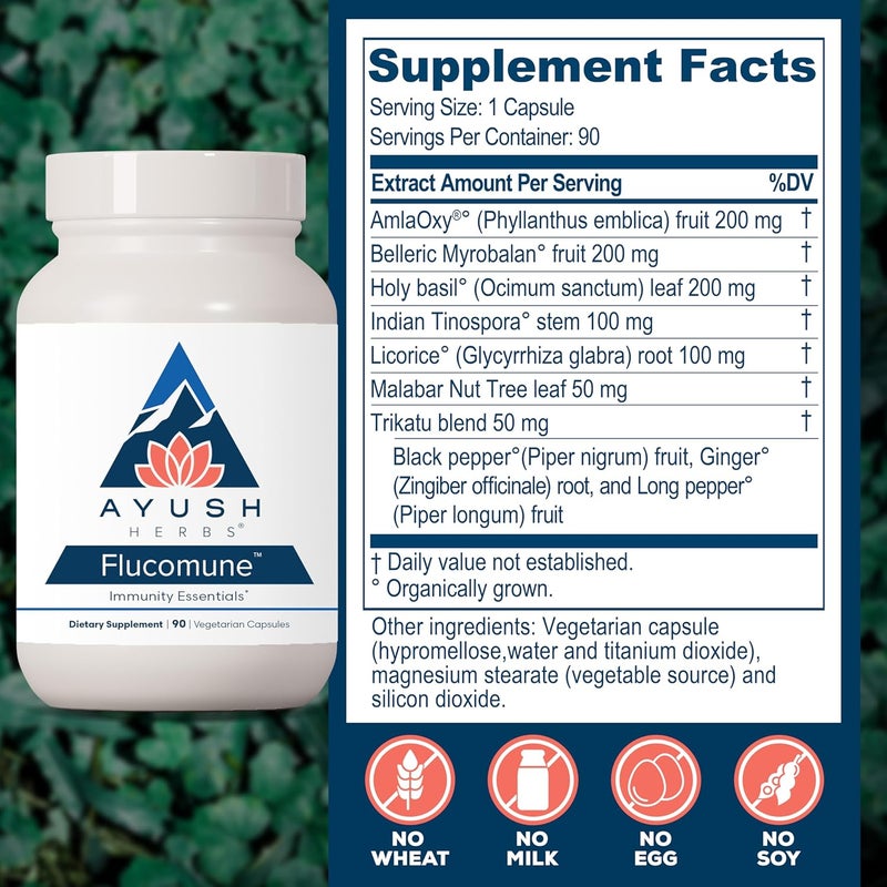 Ayush Herbs Flucomune - All-Natural Ayurvedic Herbal Supplement for Healthy Lung & Nasal Function, 90 Vegetarian Capsules - Image 3