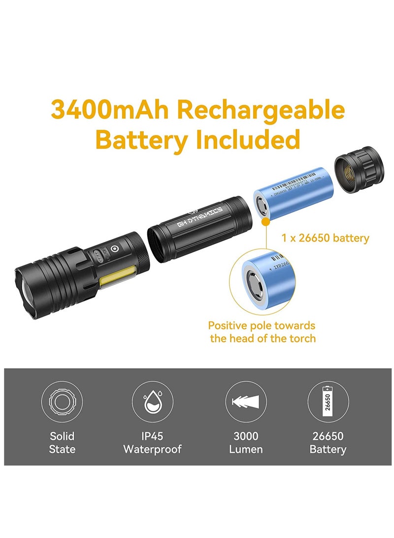 مصباح LED قابل لإعادة الشحن مع ضوء جانبي COB، مصباح يدوي فائق السطوع يعمل بالبطارية ومقاوم للماء ومحمول للتخييم والجري والمشي لمسافات طويلة في الهواء الطلق والطوارئ - Image 3