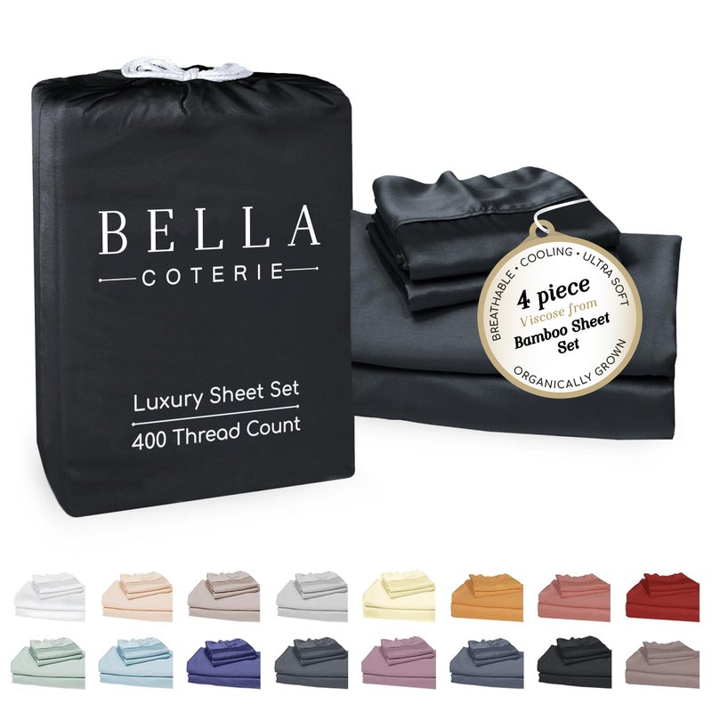 Bella Coterie Luxury Bamboo Viscose Queen Size Sheet Set 100 Organically Grown Ultra Soft Cooling for Hot Sleepers 18 Deep Pocket Black