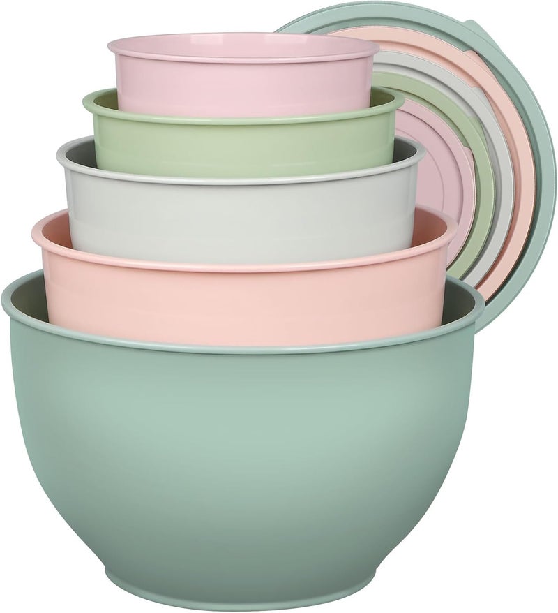 Greentainer Plastic Mixing Bowls Set with Lids, Nesting Bowls for Prepping, Serving, Cooking & Baking, Large Mixing Salad Bowl for Kitchen Storage, Dishwasher & Microwave Safe, Set of 5 (Gray&Pink) - Image 1