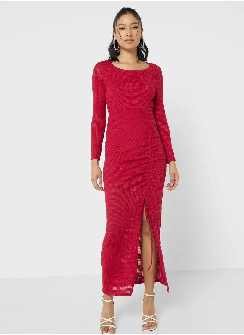 Ginger Side Slit Ruched Tie Up Dress