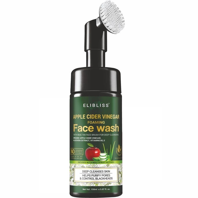Elibliss Apple Cider Vinegar Foaming Face Wash with Built-in Brush for Deep Cleansing, Skin Brightening with Aloe Vera Extract, Vitamin B5 & E - 150ml - Image 1