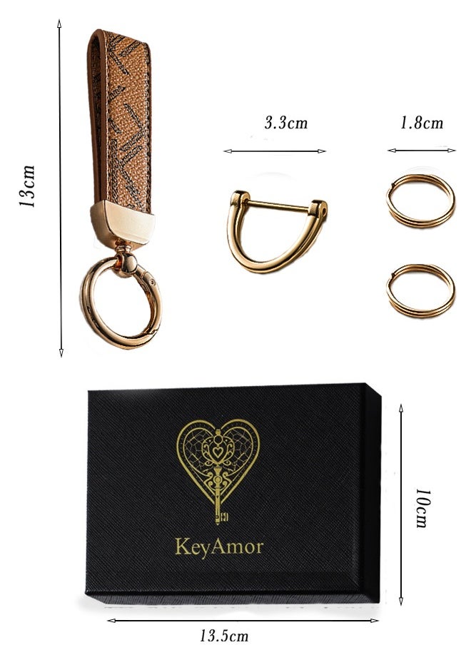 KeyAmor - Elegant metal and leather keychain car key holder for adults. Stylish keychain with golden rings, perfect for women, featuring 3 key rings for added functionality. Made with elegant and refined light brown leather, it offers 360-degree rotation for convenience and comes beautifully packaged in a fancy gift box, making it an excellent accessory or gift choice. - Image 1