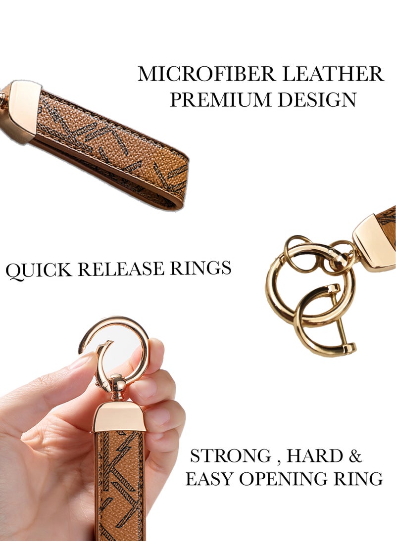 KeyAmor - Elegant metal and leather keychain car key holder for adults. Stylish keychain with golden rings, perfect for women, featuring 3 key rings for added functionality. Made with elegant and refined light brown leather, it offers 360-degree rotation for convenience and comes beautifully packaged in a fancy gift box, making it an excellent accessory or gift choice. - Image 1