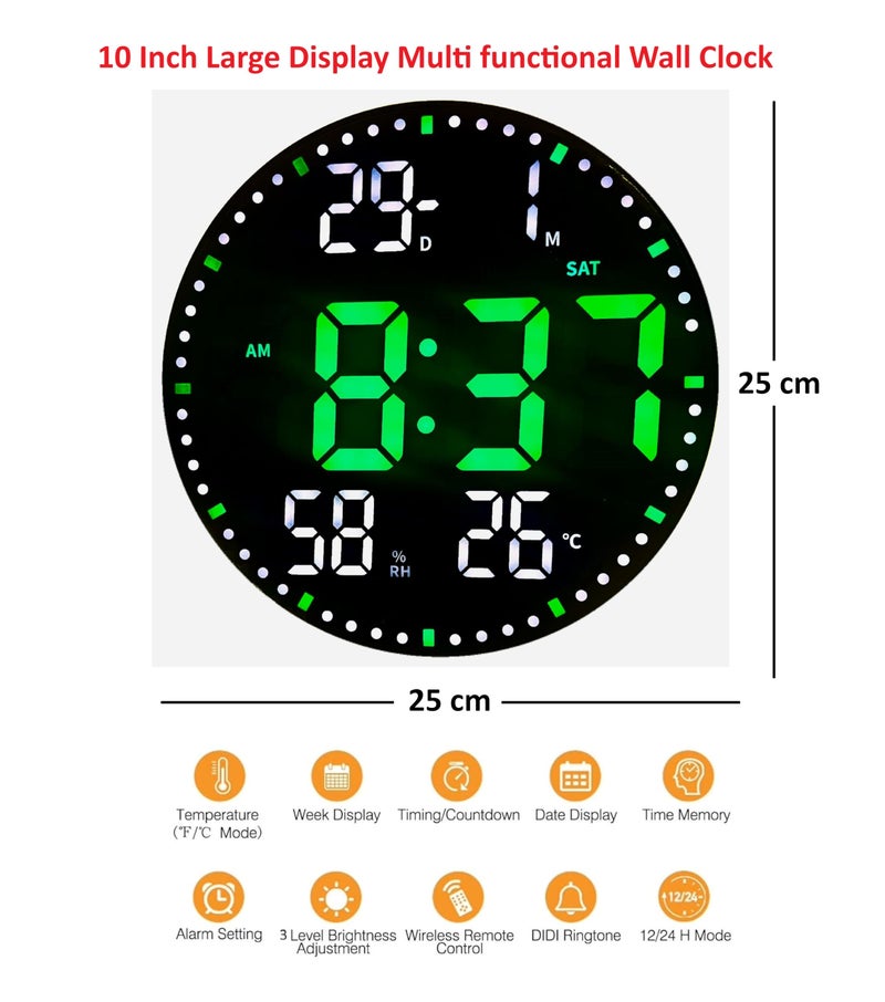 De'rons 10" Plastic Digital Wall Clock with Remote Control & Alarm for Home Décor Office 12/24 Hours Temperature Humidity Date Week Silent Electronic Digital Wall Clock (DC_2560_Green) - Image 2