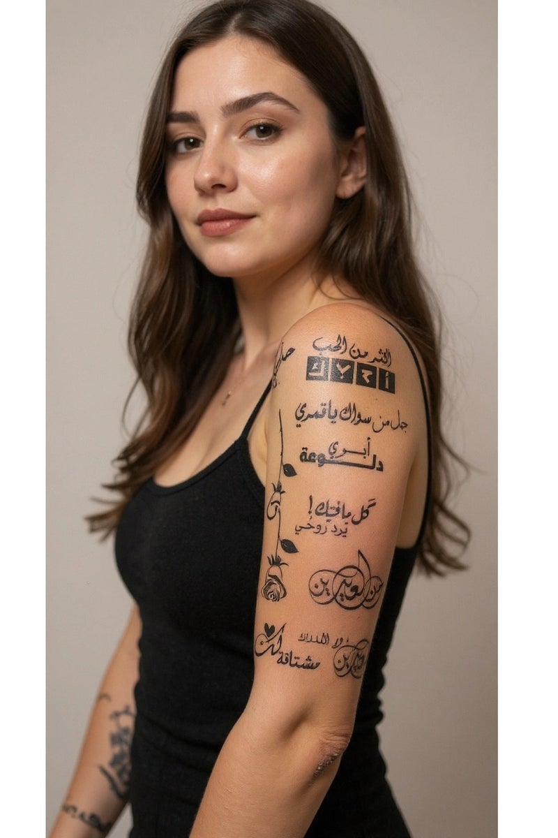 ستيكر تاتو/وشم شبه دائم واقعي بتصميم كلام حب من ورقة كبيرة تدوم لمدة أسبوعين للنساء والبنات والرجال - Image 1