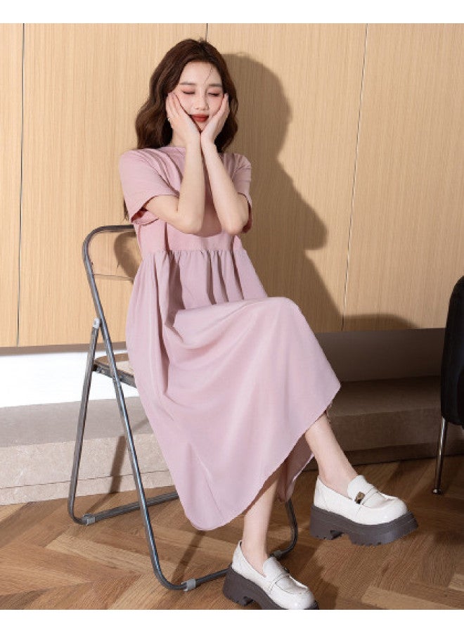 TonLion Women's Summer Round Neck Patchwork Short Sleeve Dress - Cute Simple Versatile Korean Style Elegant Gentle Long Dress - Image 1