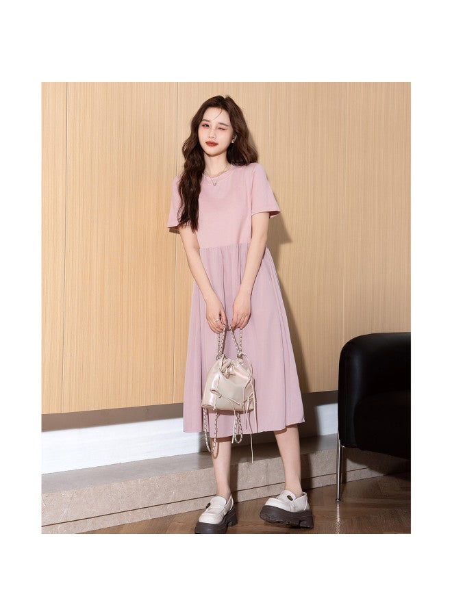 TonLion Women's Summer Round Neck Patchwork Short Sleeve Dress - Cute Simple Versatile Korean Style Elegant Gentle Long Dress - Image 5