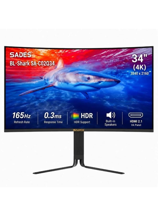 SADES-BL Shark 34 Inch Curved Gaming Monitor, 4K WQHD, 165Hz, 0.3ms, HDMI 2.1, Black - Image 1
