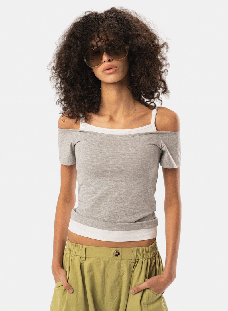 In Your Shoe Heather Grey Off Shoulder Double Layered Top - Image 3