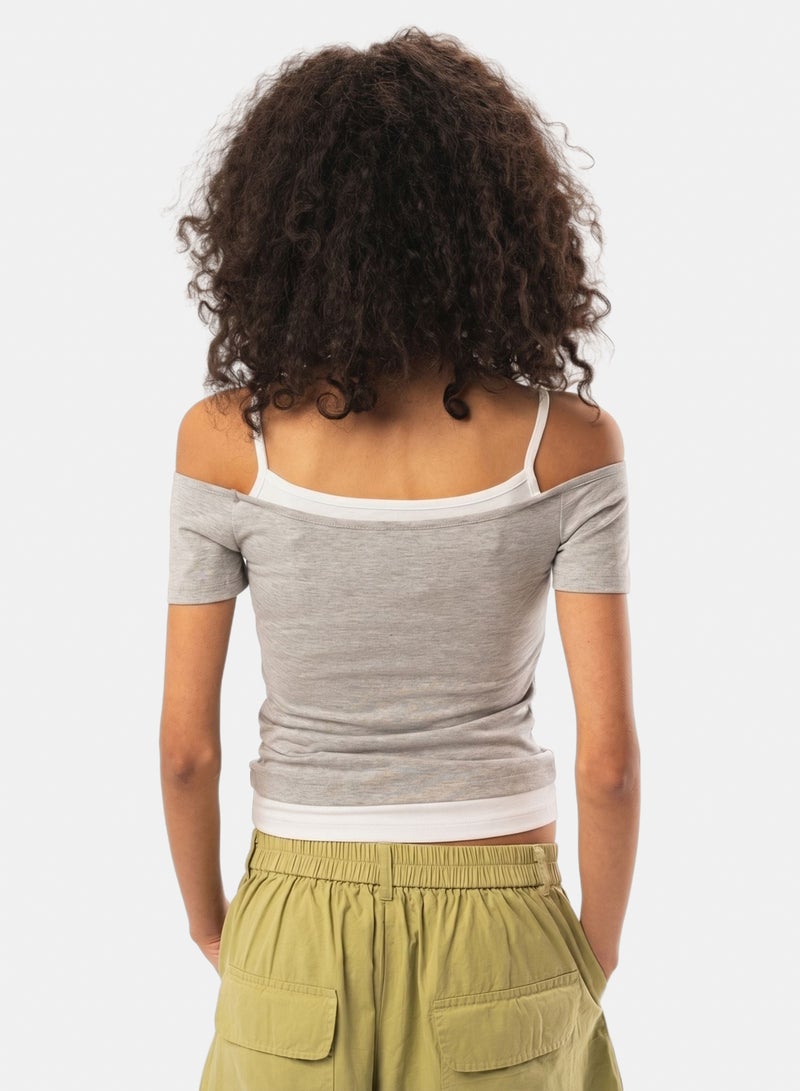 In Your Shoe Heather Grey Off Shoulder Double Layered Top - Image 4