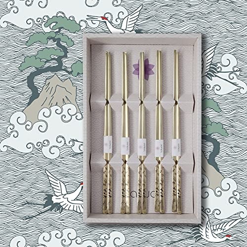 BALWOO Korean Flat Chopsticks [5 Sets][Made in Korea] 304 Premium Stainless Steel, Mukbang Utensil Cutlery Metal Chopsticks (Crane, TITANIUM) - Image 2