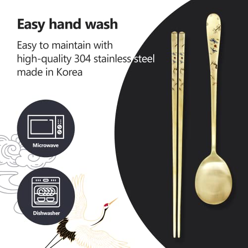 BALWOO Korean Flat Chopsticks [5 Sets][Made in Korea] 304 Premium Stainless Steel, Mukbang Utensil Cutlery Metal Chopsticks (Crane, TITANIUM) - Image 5