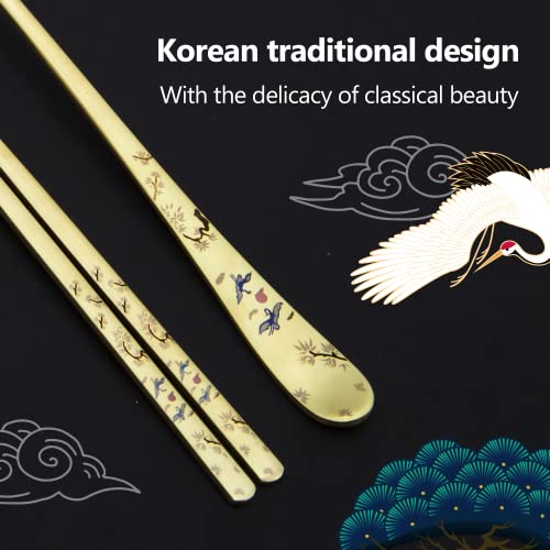 BALWOO Korean Flat Chopsticks [5 Sets][Made in Korea] 304 Premium Stainless Steel, Mukbang Utensil Cutlery Metal Chopsticks (Crane, TITANIUM) - Image 4