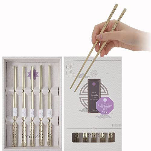 BALWOO Korean Flat Chopsticks [5 Sets][Made in Korea] 304 Premium Stainless Steel, Mukbang Utensil Cutlery Metal Chopsticks (Crane, TITANIUM) - Image 1