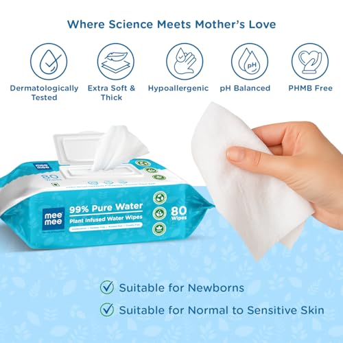 Mee Mee Pure Water Wet Wipes with Lid 80 pcs x 2 (160 pcs) – Unscented, Plant Derived, Super Thick Baby Wipes | Gentle for Sensitive Skin - Image 4