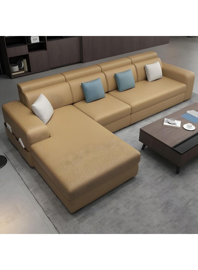 Poppins Home Stylish Retro 4-Seater Sofa with Chaise Lounge  Square Arm Design in Premium Fabric Upholstery (Khaki, RIGHT BED) - Image 1