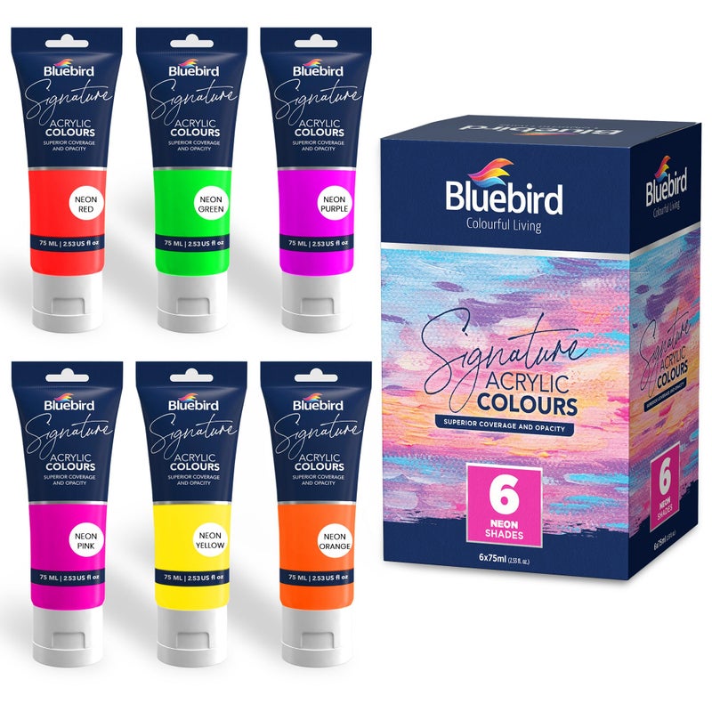 BLUEBIRD Signature Neon Acrylic Paint Set Fluorescent Colors 6Pack 25 Fl Oz Tubes Heavy Body Acrylic Paints For Professionals Students Adults Artists - Image 2