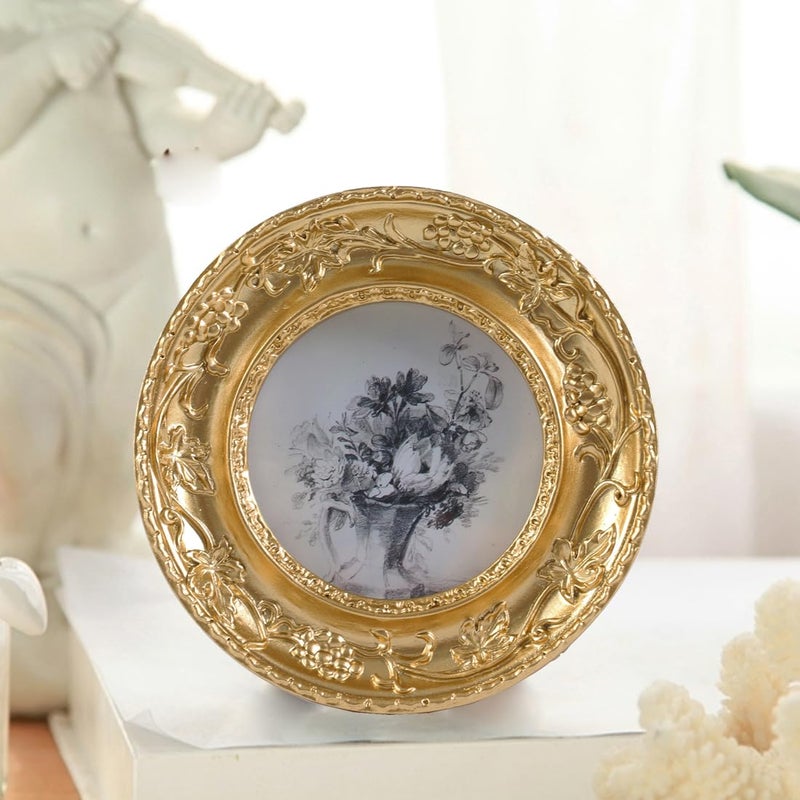 SIKOO 3x3 Small Vintage Picture Frames Antique Gold Round Picture Frame Tabletop and Wall Mount Display Vintage Wall Decor Retro Home Decor - Image 2