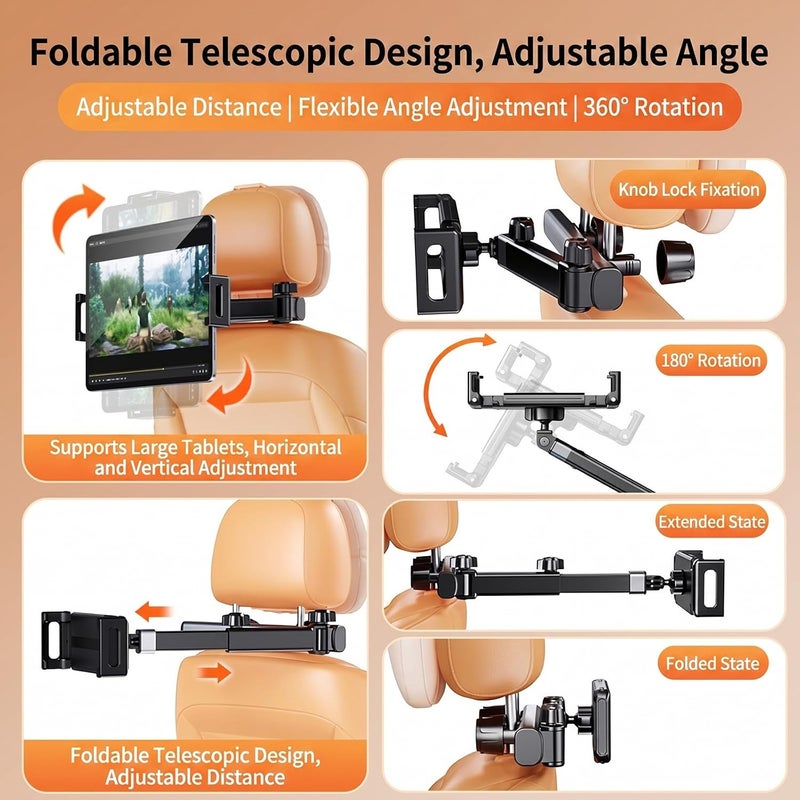 ToolHouse Car Headrest Tablet Stand - Adjustable Foldable and Extendable Arm, 360-Degree Rotating Holder for Many Tablets and Phones, Suitable for Backseat Passengers and Travel - Image 2