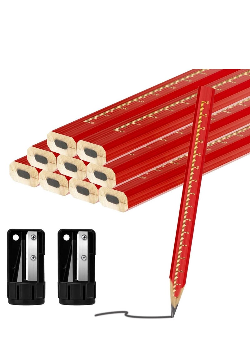 SYOSI Carpenter Pencil Set With Sharpener 10 Pack Red Woodworking Marking Pencil with Metric Marking + 2 Pack Pencil Sharpener 6.9" Flat Octagon Hard Black Carpenter Marking Pencil for Wood Marking Tools  - Image 1