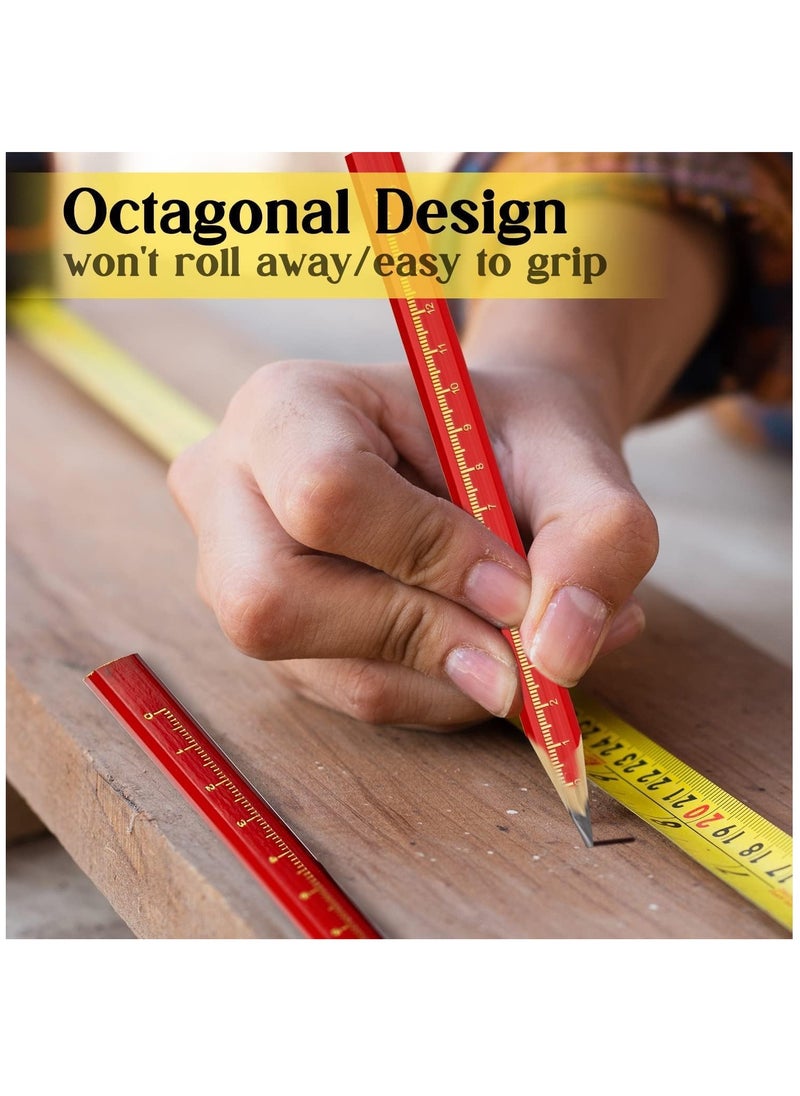 SYOSI Carpenter Pencil Set With Sharpener 10 Pack Red Woodworking Marking Pencil with Metric Marking + 2 Pack Pencil Sharpener 6.9" Flat Octagon Hard Black Carpenter Marking Pencil for Wood Marking Tools  - Image 2