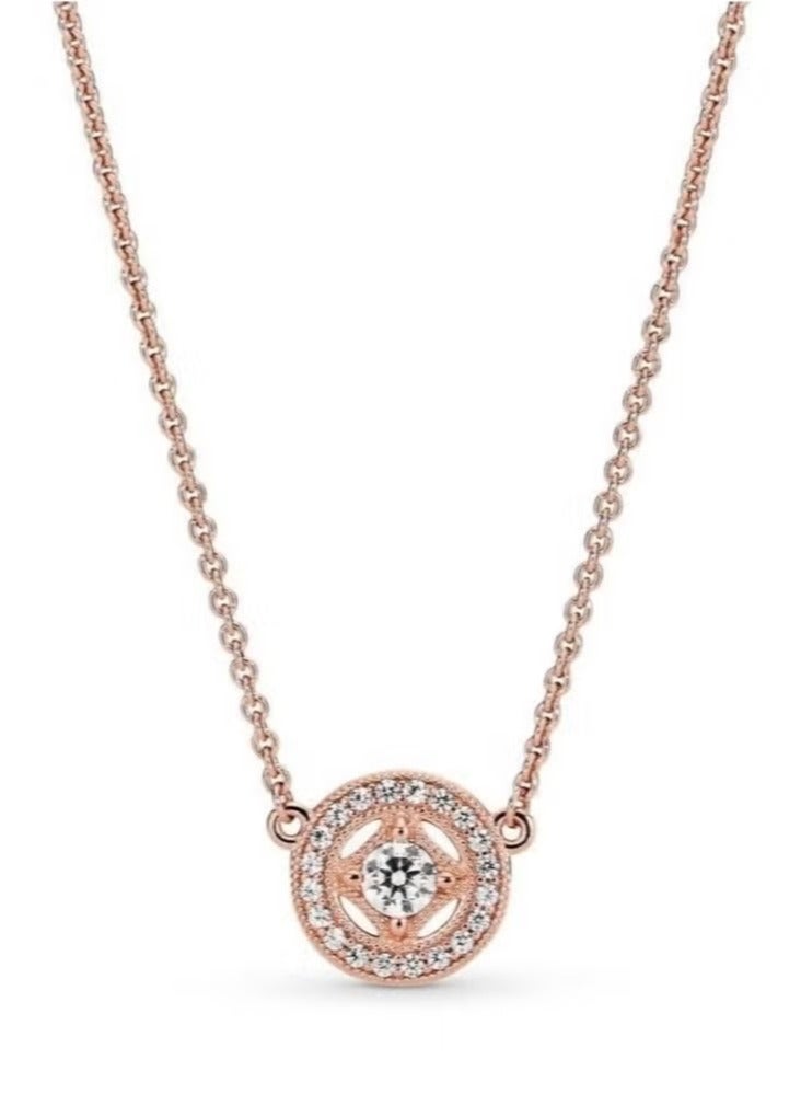 قلادة دائرية عتيقة من الذهب الوردي عيار 14 قيراطًا ومرصعة بزركونيا مكعب شفاف قابلة للتعديل للنساء