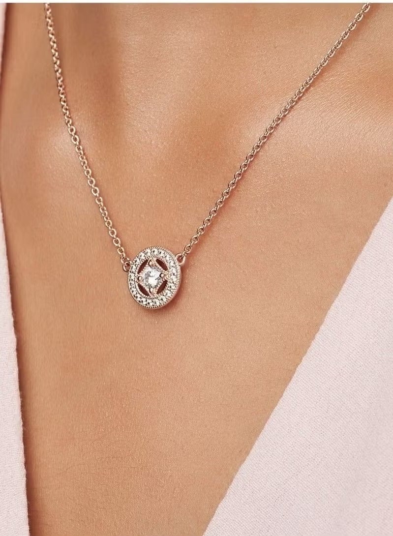 قلادة دائرية عتيقة من الذهب الوردي عيار 14 قيراطًا ومرصعة بزركونيا مكعب شفاف قابلة للتعديل للنساء