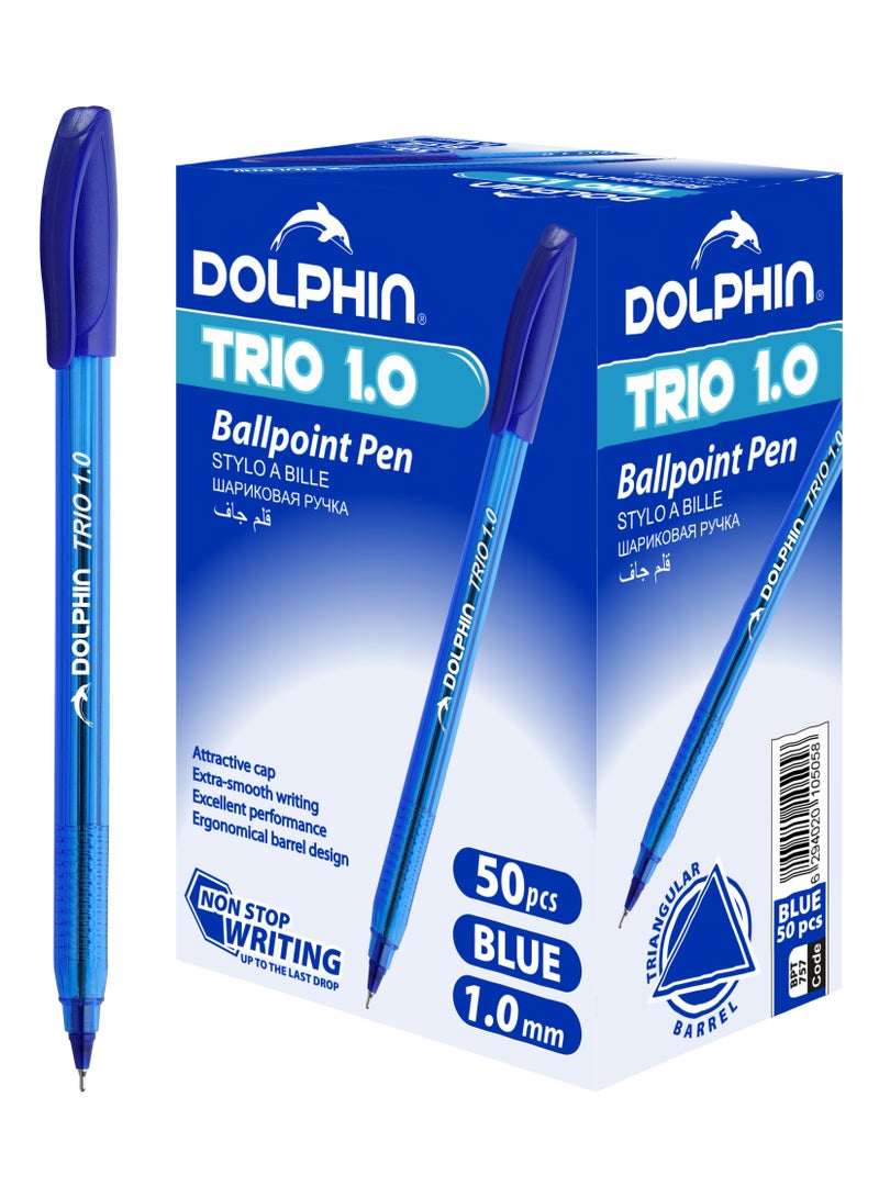 Dolphin Trio Ball Pen – 1.0mm Tip, Smooth Writing, Pack of 50 – Blue