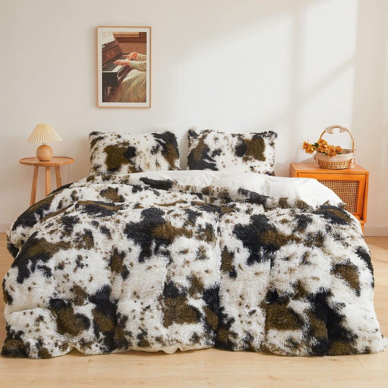 XeGe Cow Print Fluffy Faux Fur Duvet Cover Set, 3 Pieces Soft Plush Shaggy Fuzzy Bedding Set(1 Faux Fur Farmhouse Comforter Cover + 2 Furry Pillowcases), Zipper Closure(Queen, Cow Print Brown) - Image 1