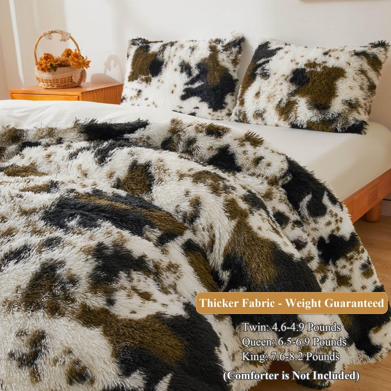 XeGe Cow Print Fluffy Faux Fur Duvet Cover Set, 3 Pieces Soft Plush Shaggy Fuzzy Bedding Set(1 Faux Fur Farmhouse Comforter Cover + 2 Furry Pillowcases), Zipper Closure(Queen, Cow Print Brown) - Image 3