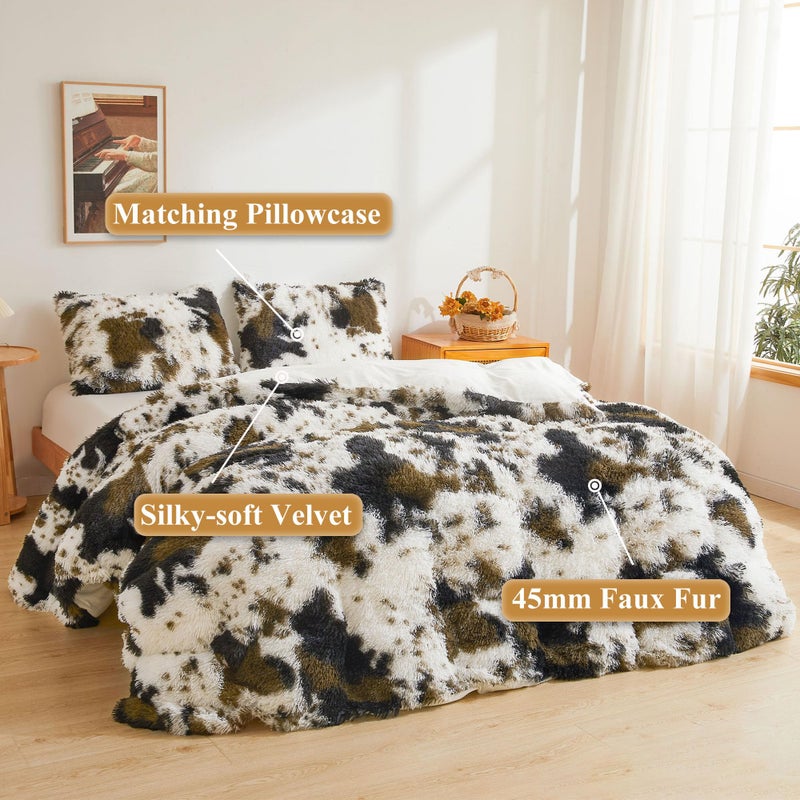 XeGe Cow Print Fluffy Faux Fur Duvet Cover Set, 3 Pieces Soft Plush Shaggy Fuzzy Bedding Set(1 Faux Fur Farmhouse Comforter Cover + 2 Furry Pillowcases), Zipper Closure(Queen, Cow Print Brown) - Image 2