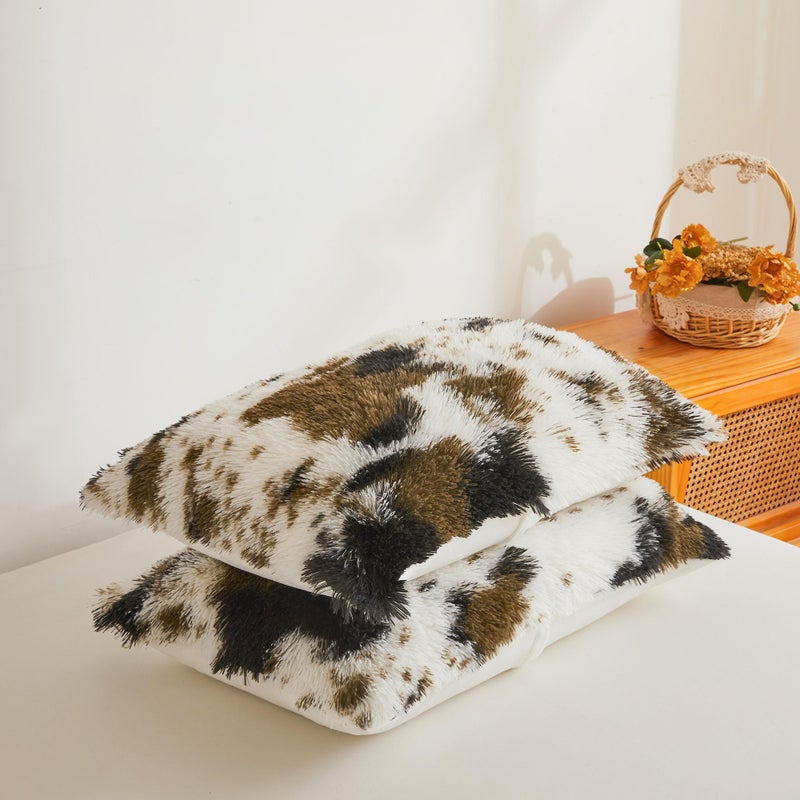XeGe Cow Print Fluffy Faux Fur Duvet Cover Set, 3 Pieces Soft Plush Shaggy Fuzzy Bedding Set(1 Faux Fur Farmhouse Comforter Cover + 2 Furry Pillowcases), Zipper Closure(Queen, Cow Print Brown) - Image 4