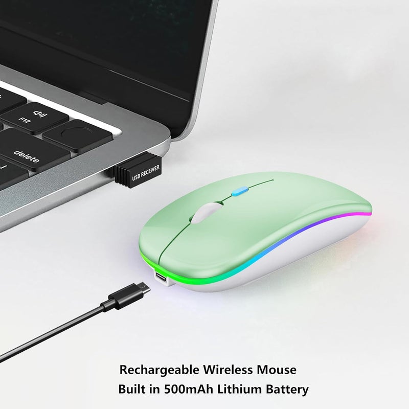 فأرة لاسلكية بلوتوث WREANU قابلة للشحن لأجهزة الكمبيوتر المحمولة مع أضواء LED وصامتة ونحيفة (BT5.2 ومستقبل USB محمول 2.4G) فأرة كمبيوتر ثنائية الوضع لأجهزة الكمبيوتر المحمولة / iPad / Tablet / Apple / Computer / Mac (أخضر) - Image 4