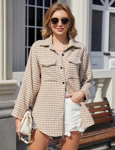 Yimoon Plaid Jacket Women Casual Houndstooth Jacket Flannel Shacket Loose Long Sleeve Shirt Button Down Shacket With Pockets(Khaki-L) - Image 2